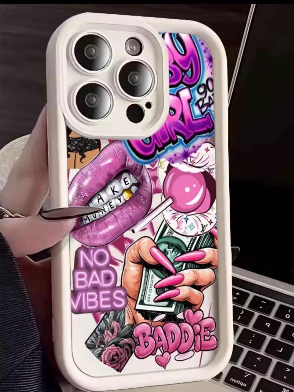 Pink Graphic 'Baddie' Phone Case with Glossy Accents